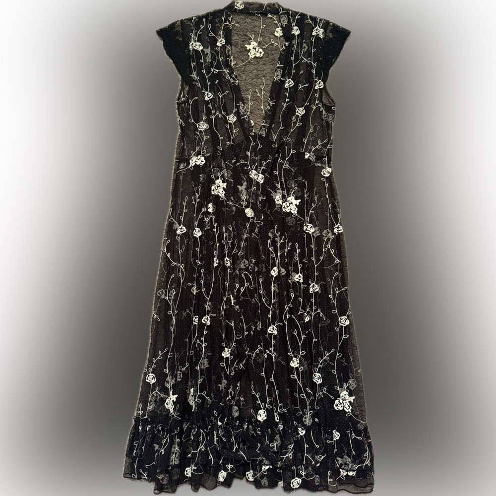 Foravi Sz XS/S New York High End Boutique Elegant Black Cream Floral Lace Dress